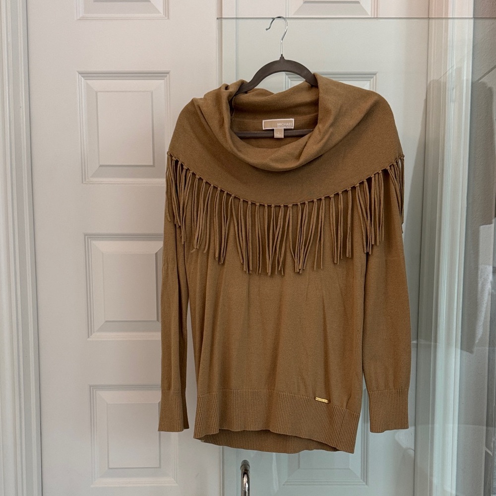 Michael Kors Tan Cowl Neck Sweater with Fringe